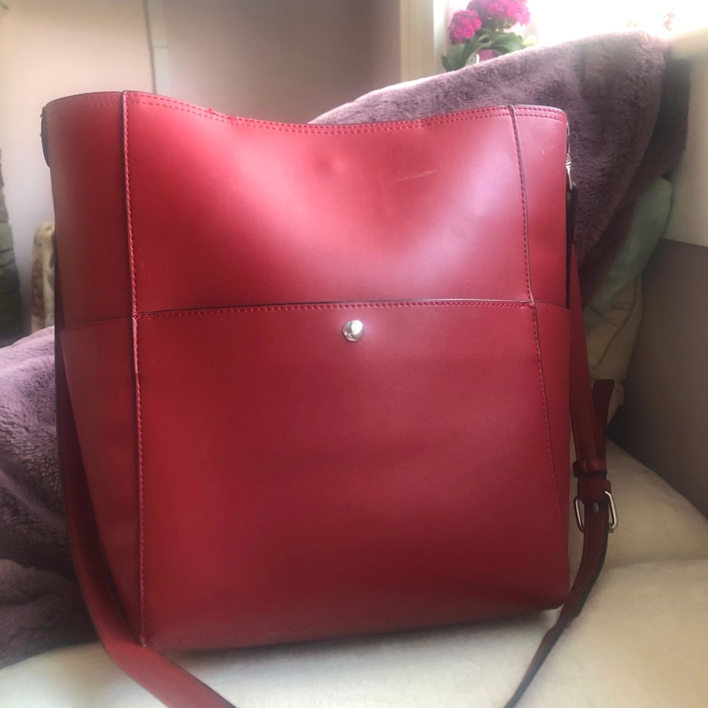 Red Vegan Leather Bucket Crossbody/Tote Bag